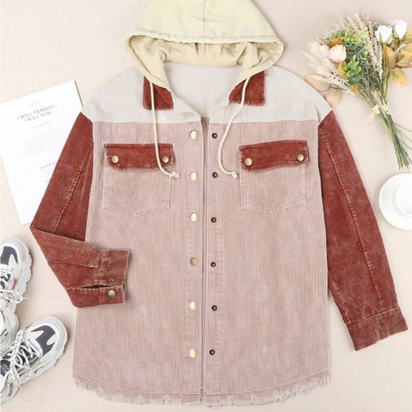 Cozy Corduroy Hoodie Jacket Shacket Button Down Shirt - Picture 3 of 16